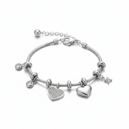Silver heart-shaped bracelet with 18K gold-plated charm and sparkling accents