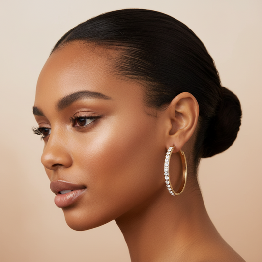 Elegant gold stainless steel rhinestone hoop earrings with sparkling crystals by Nue Jewelz