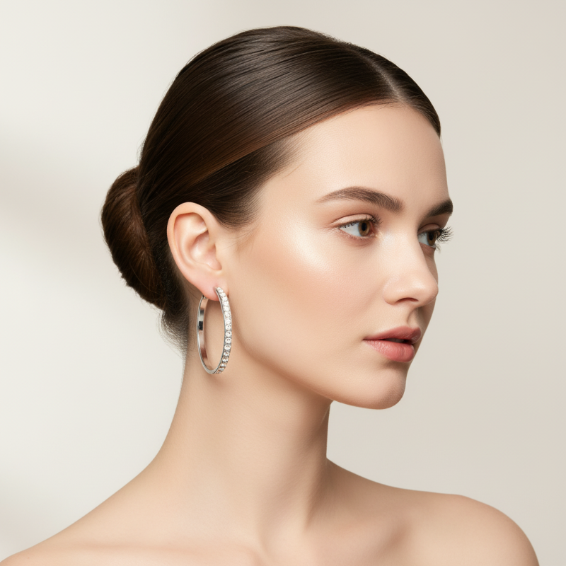 Elegant silver stainless steel rhinestone hoop earrings with sparkling crystals by Nue Jewelz
