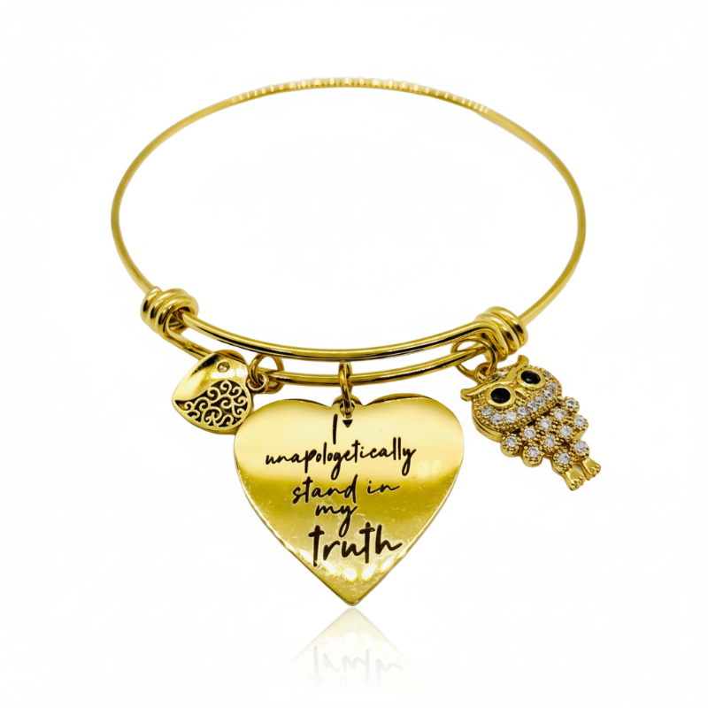 Unapologetically stainless steel charm bracelet with heart pendant and owl charm