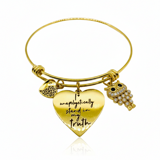 Unapologetically stainless steel charm bracelet with heart pendant and owl charm