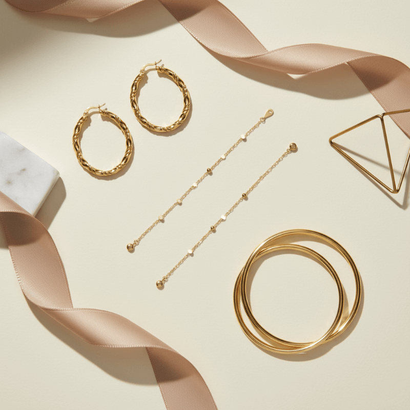 Gold jewelry including hoop earrings, a bracelet, and bangles on a beige background with ribbons.