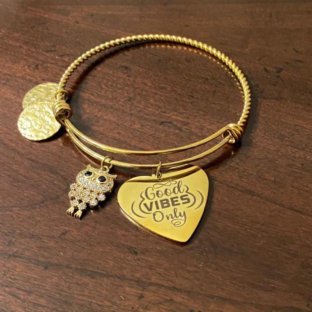 Elegant Stainless Steel Bracelet with Owl and 'Good Vibes Only' Charms